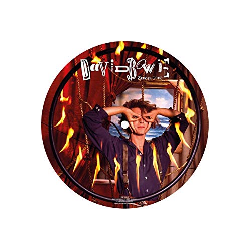 A vinyl record with David Bowie's image surrounded by flames on a ship.
