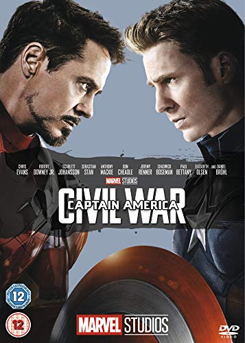 "Captain America: Civil War DVD cover featuring Iron Man and Captain America facing off."