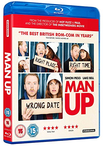 Man Up" Blu-ray cover featuring Simon Pegg and Lake Bell in comedic scenes.