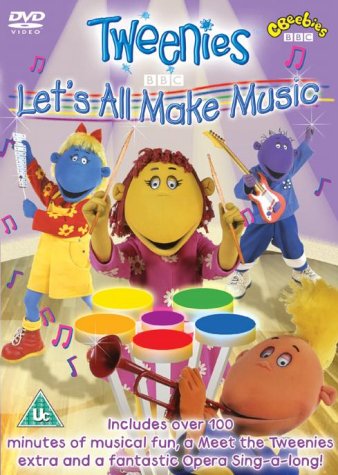 Tweenies characters playing various musical instruments on a purple DVD cover background.
