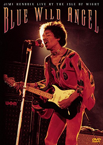 Jimi Hendrix playing a white electric guitar on stage, concert photo.
