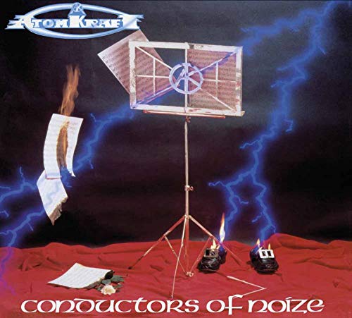"Album cover with burning sheet music, metal stand, and skulls on red fabric, surrounded by lightning."