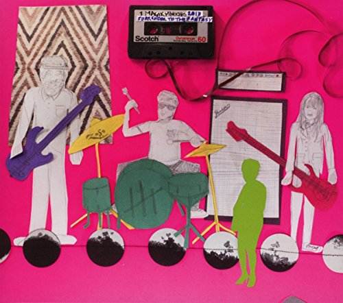 Collage of a band playing instruments against a bright pink background.