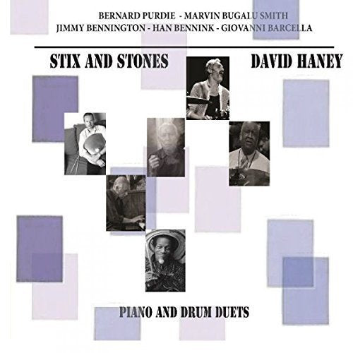 "CD cover with black and white photos of musicians and purple squares on a white background."