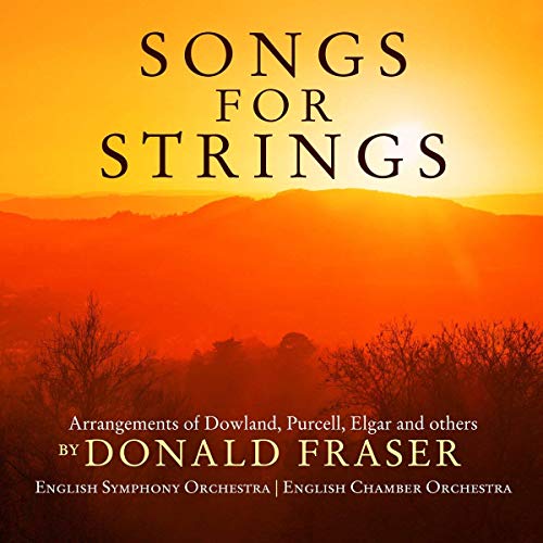 "Album cover with 'Songs for Strings' title, orange sunset background, and silhouetted trees and mountains."