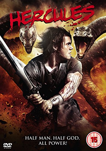 Hercules holding a sword while fighting a multi-headed snake against a fiery background.
