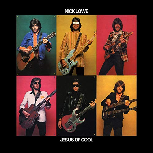 "Album cover featuring six images of Nick Lowe holding a guitar against colored backgrounds."