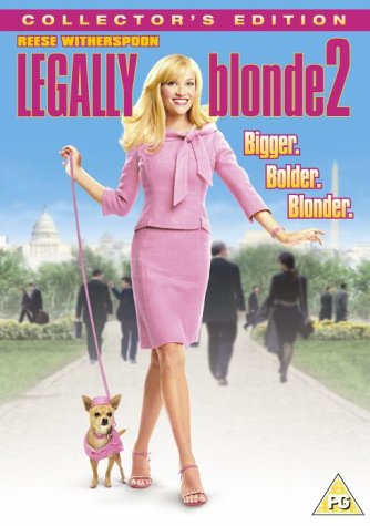 "Reese Witherspoon in pink walking a dog on a DVD cover."