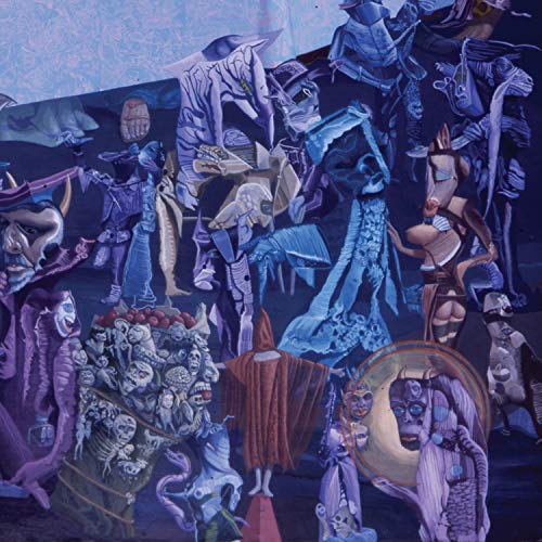 Surreal album cover with many blue, masked figures in a forest scene.