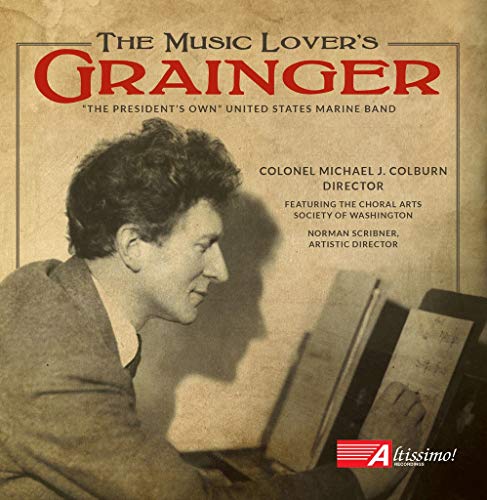 "CD cover with sepia-toned man reading music, titled 'The Music Lover's Grainger'."