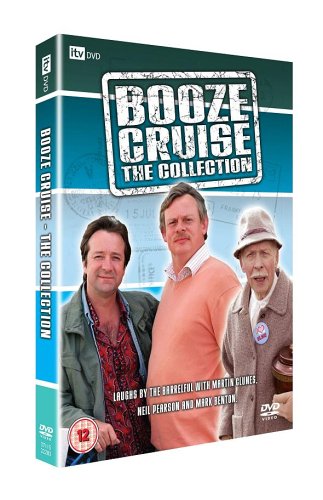 "Booze Cruise DVD case featuring three men, with title prominently displayed on the cover."