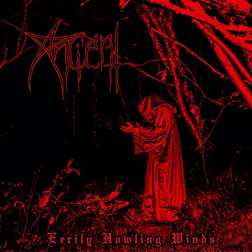 Red-toned album cover featuring a hooded figure in a dark, wooded landscape.