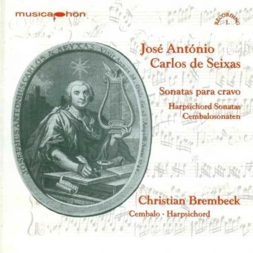 CD cover featuring a portrait of a man with a harp, musical notes background.