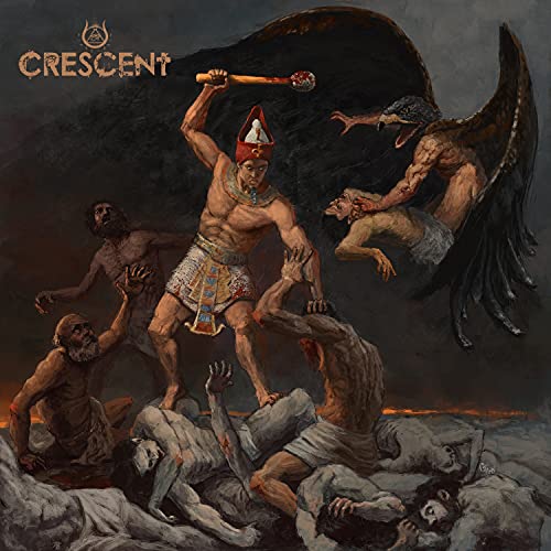 An Egyptian figure wielding a mace stands over bodies while a winged creature attacks.