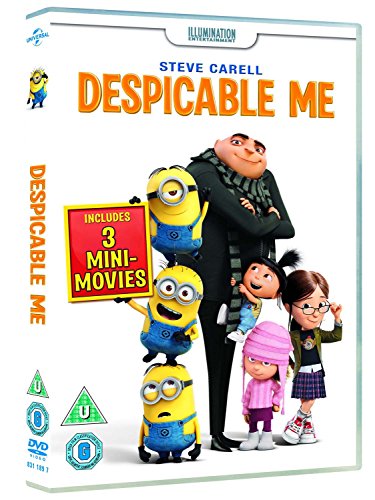 "Despicable Me DVD case featuring Gru, Minions, and three girls on a white background."