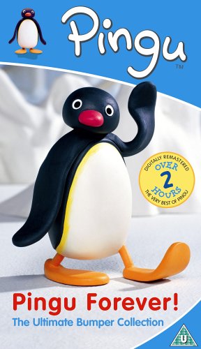 Pingu the claymation penguin waving on a Pingu Forever DVD cover.