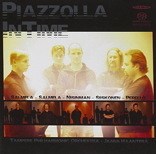 CD cover for “In Time” by Piazzolla, featuring musicians and orchestra.
