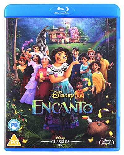 Blu-ray cover art for Disney's Encanto featuring the Madrigal family in front of Casita.