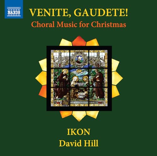 CD cover with stained glass Nativity scene and gold starburst border.