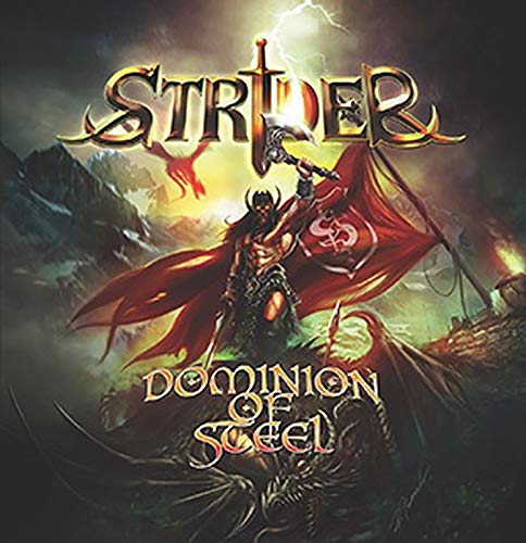 Album cover for Strider’s “Dominion Of Steel” featuring a warrior and dragon.