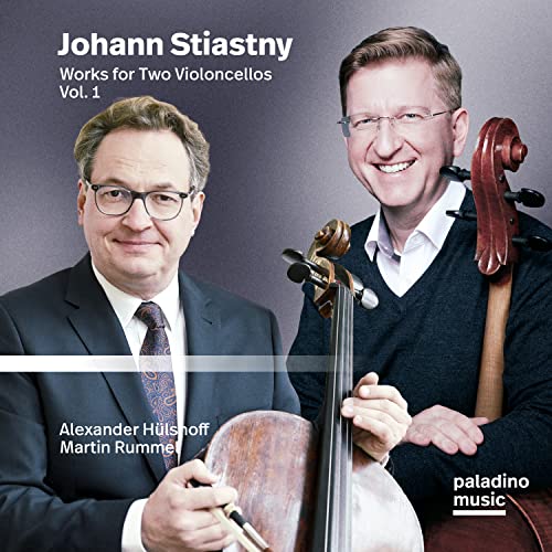 CD cover featuring two men with cellos, titled “Works for Two Violoncellos.”
