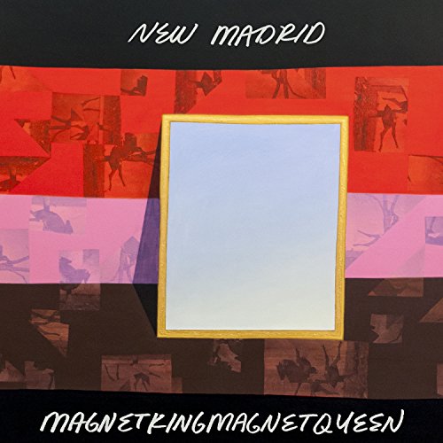 "Album cover with red and black background, featuring a gray rectangle with a gold border."