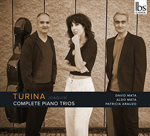 Three musicians with a double bass, promoting Turina’s piano trios CD.