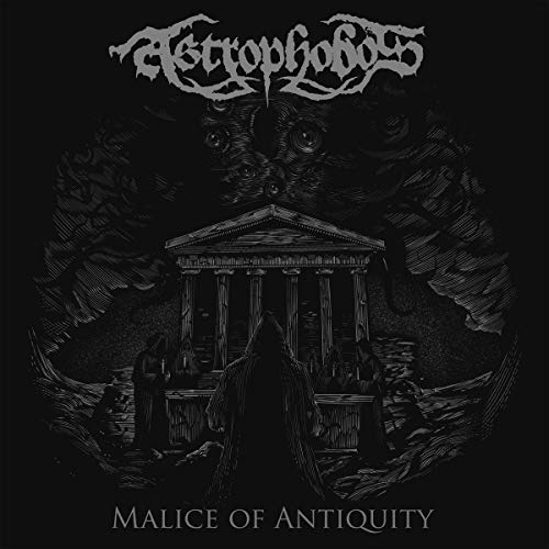 Dark album cover with band logo, ancient ruins, and cloaked figures.