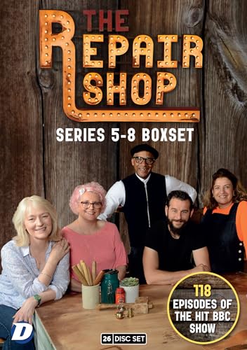 The Repair Shop" series 5-8 DVD cover with cast and workshop items.