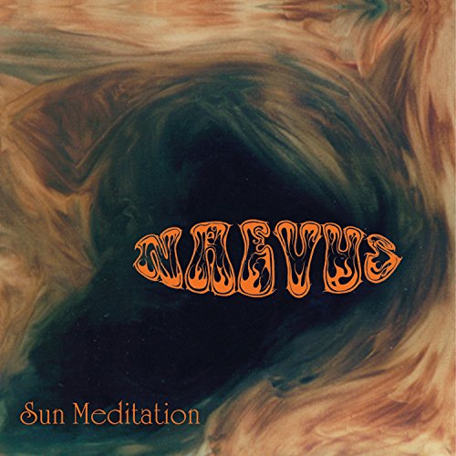 The alt text for the image is: "Album cover with 'Naevus' in orange, 'Sun Meditation' below, swirling brown background."