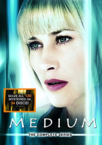 "Blonde woman with bangs peeking through curtains, 'Medium: The Complete Series' DVD cover."