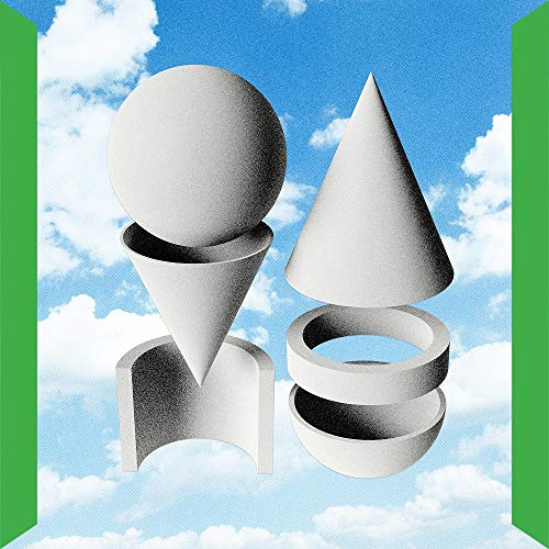 Album cover with geometric shapes—sphere, cone, and cylinders—against a blue sky.