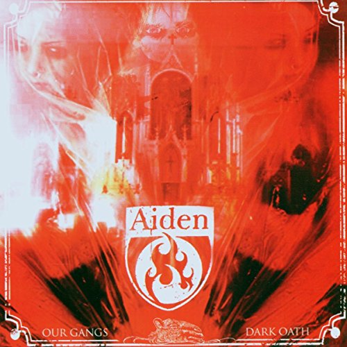 Red album cover with Aiden logo, featuring abstract faces and text "Our Gang's Dark Oath".