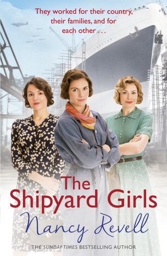 "Book cover featuring three women standing in front of a large ship under construction."