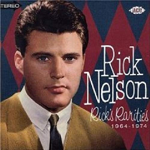 Rick Nelson album cover, portrait with patterned blue and red background.