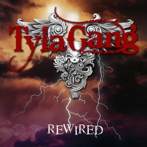 "Album cover with 'Tyla Gang' in red, ornate design, and 'Rewired' against a stormy sky."