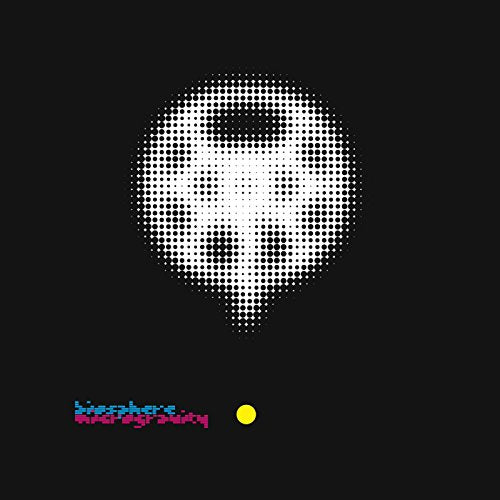 Black background with a white halftone portrait and yellow dot.