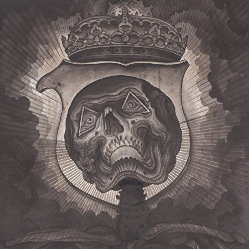 A black and white album cover featuring a crowned skull with glowing eyes.