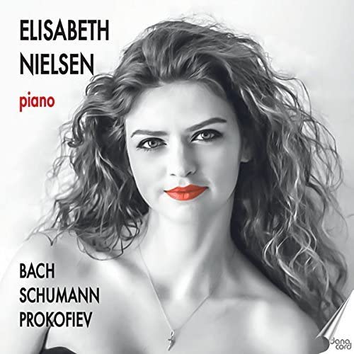 CD cover featuring pianist Elisabeth Nielsen in grayscale with red lips.