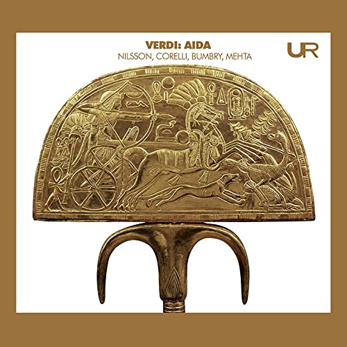CD cover for Verdi’s Aida featuring golden Egyptian chariot relief.