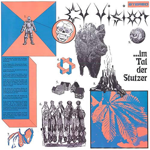 CD cover: knight, skull, bear, and abstract shapes on a blue background.
