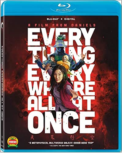Everything Everywhere All at Once" Blu-ray cover with characters and colorful text.