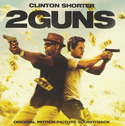 "Soundtrack cover for '2 Guns' featuring two men back-to-back holding guns, surrounded by money."