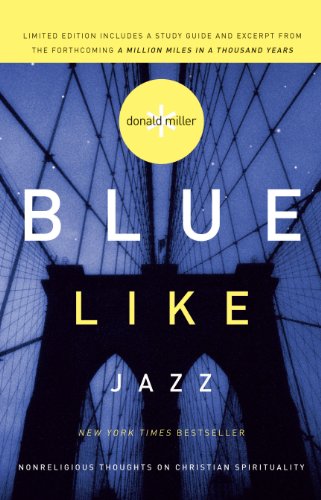 "Book cover with 'Blue Like Jazz' in yellow and white text on a purple background."