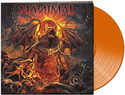 Manimal "Armageddon" vinyl record cover with orange disc beside it.