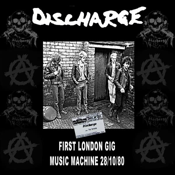Black and white CD cover for Discharge’s “Live At The Music Machine 1980,” featuring a punk band.