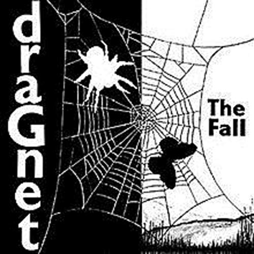 "Black and white album cover with spider web, spiders, and text 'The Fall Dragnet'."