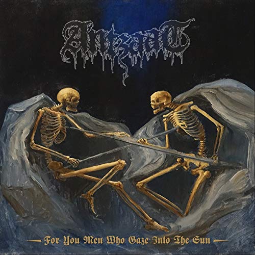 Dark painting of two skeletons reaching across a shadowy, textured landscape.
