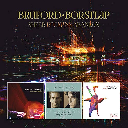 "Album cover with three inset album covers, cityscape background, and abstract light trails."