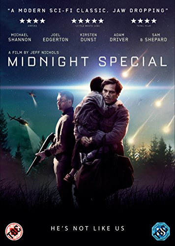 "Image of 'Midnight Special' DVD cover featuring a man carrying a child, with a gunman behind."